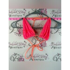 G21 Bikini Top Neon Pink Crochet Triangle Bikini Top with Orange Ties Y2K Neon